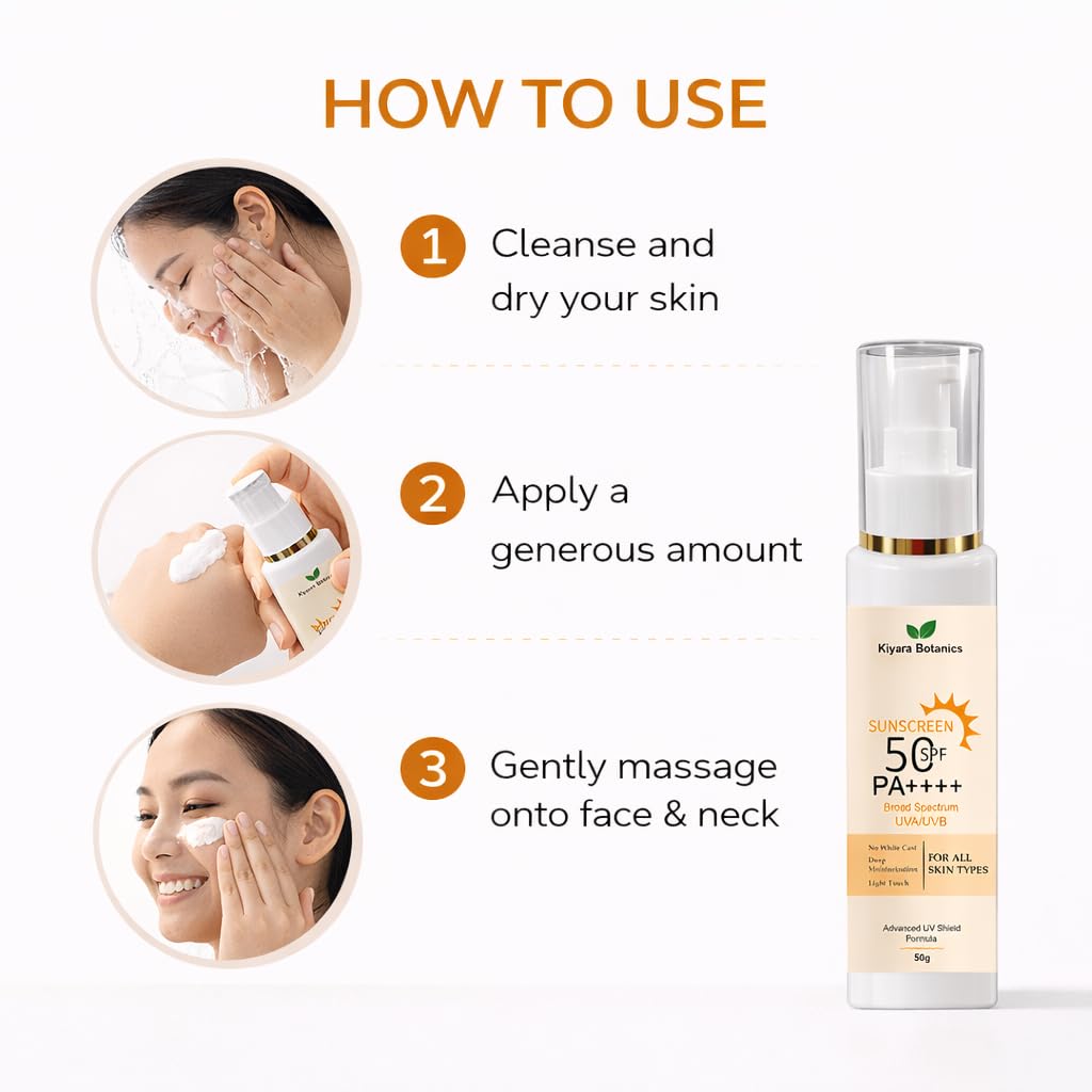 Kiyara Botanics Sunscreen SPF 50 PA++++ | Broad Spectrum UVA/UVB Protection | Lightweight Formula | No White Cast | Deep Moisturization | For All Skin Types | 50g