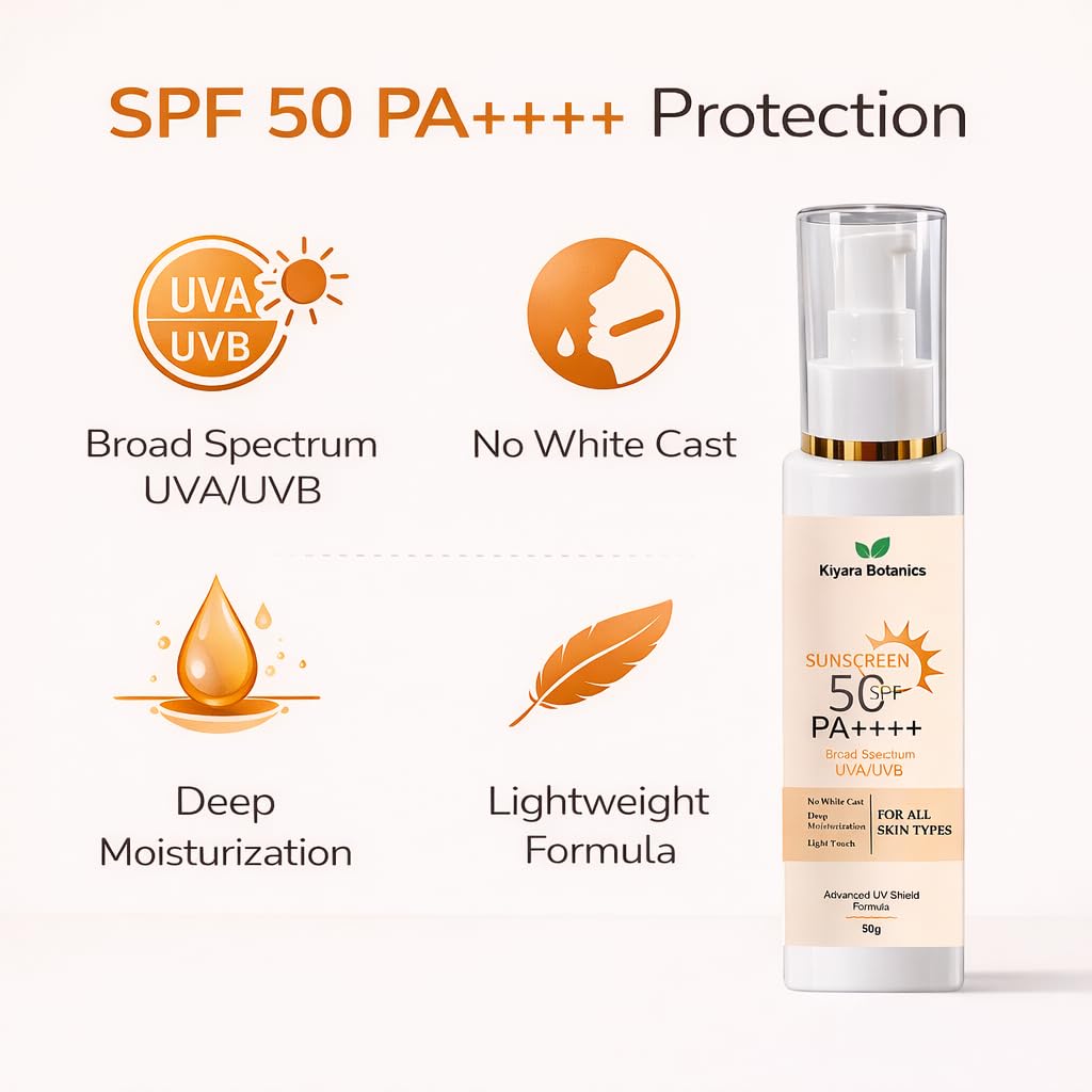 Kiyara Botanics Sunscreen SPF 50 PA++++ | Broad Spectrum UVA/UVB Protection | Lightweight Formula | No White Cast | Deep Moisturization | For All Skin Types | 50g