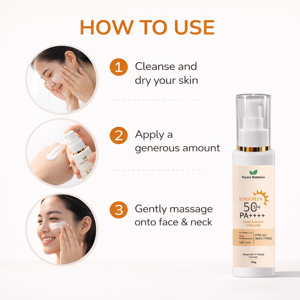 Kiyara Botanics Sunscreen SPF 50 PA++++ | Broad Spectrum UVA/UVB Protection | Lightweight Formula | No White Cast | Deep Moisturization | For All Skin Types | 100g