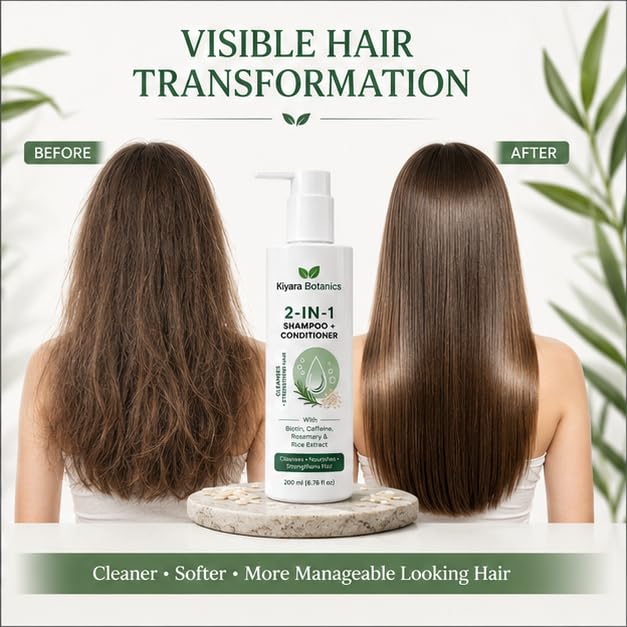 2-in-1 Shampoo & Conditioner with Biotin, Caffeine, Rosemary and Rice Extract, Daily Hair Cleansing & Nourishing Formula for Soft Smooth Looking Hair, 200 ml