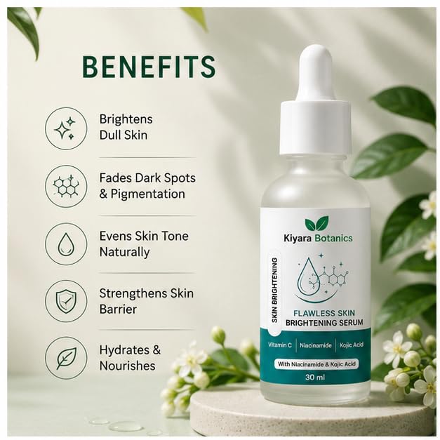 Flawless Skin Brightening Serum with Vitamin C, Niacinamide & Kojic Acid | Helps Improve Skin Radiance, Evens Skin Tone & Reduces Dullness | Lightweight Daily Face Serum for Men & Women | 30ml