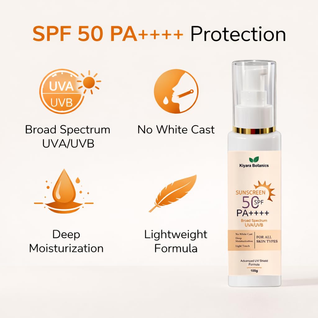 Kiyara Botanics Sunscreen SPF 50 PA++++ | Broad Spectrum UVA/UVB Protection | Lightweight Formula | No White Cast | Deep Moisturization | For All Skin Types | 100g
