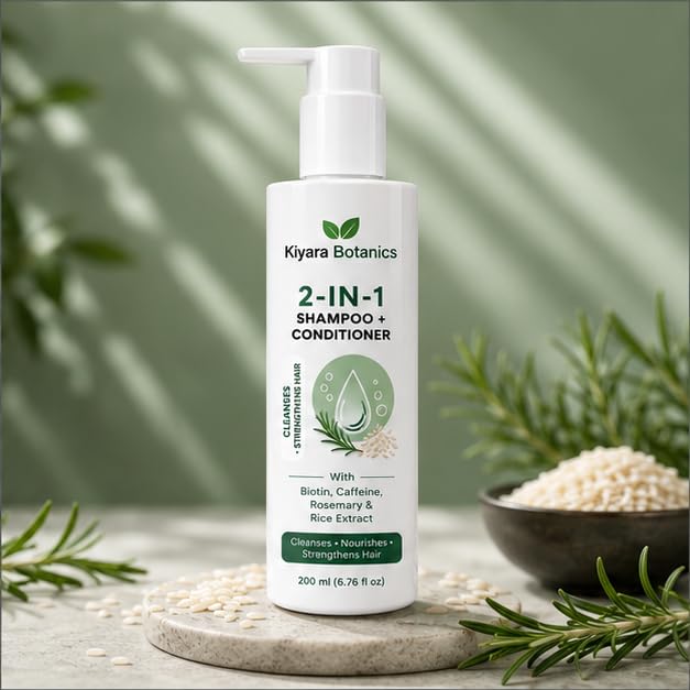2-in-1 Shampoo & Conditioner with Biotin, Caffeine, Rosemary and Rice Extract, Daily Hair Cleansing & Nourishing Formula for Soft Smooth Looking Hair, 200 ml