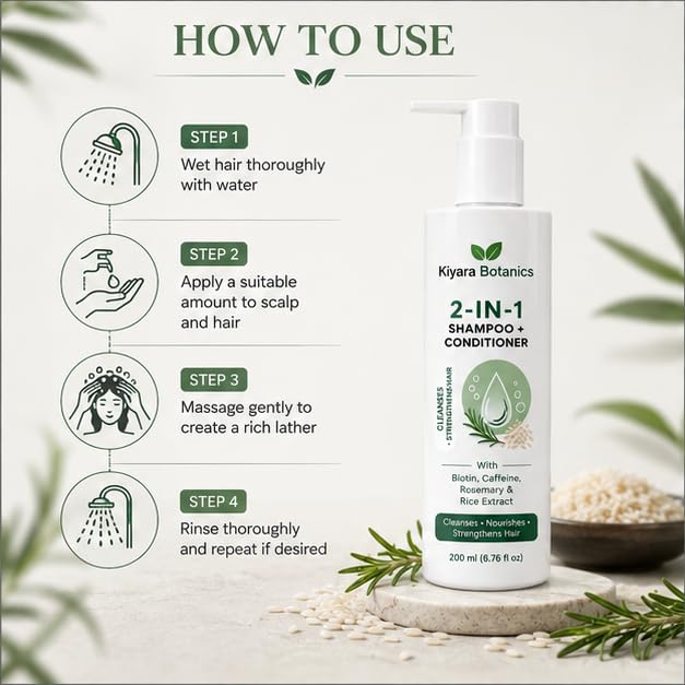 2-in-1 Shampoo & Conditioner with Biotin, Caffeine, Rosemary and Rice Extract, Daily Hair Cleansing & Nourishing Formula for Soft Smooth Looking Hair, 200 ml