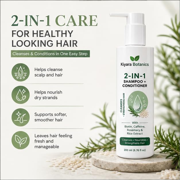 2-in-1 Shampoo & Conditioner with Biotin, Caffeine, Rosemary and Rice Extract, Daily Hair Cleansing & Nourishing Formula for Soft Smooth Looking Hair, 200 ml