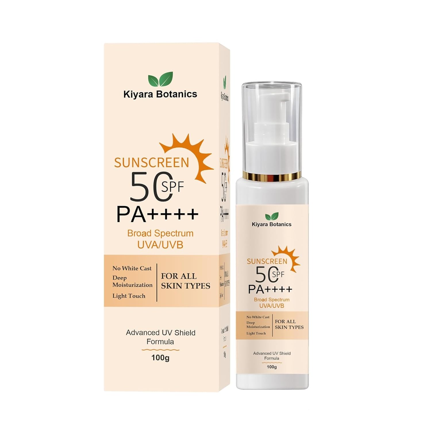Kiyara Botanics Sunscreen SPF 50 PA++++ | Broad Spectrum UVA/UVB Protection | Lightweight Formula | No White Cast | Deep Moisturization | For All Skin Types | 100g