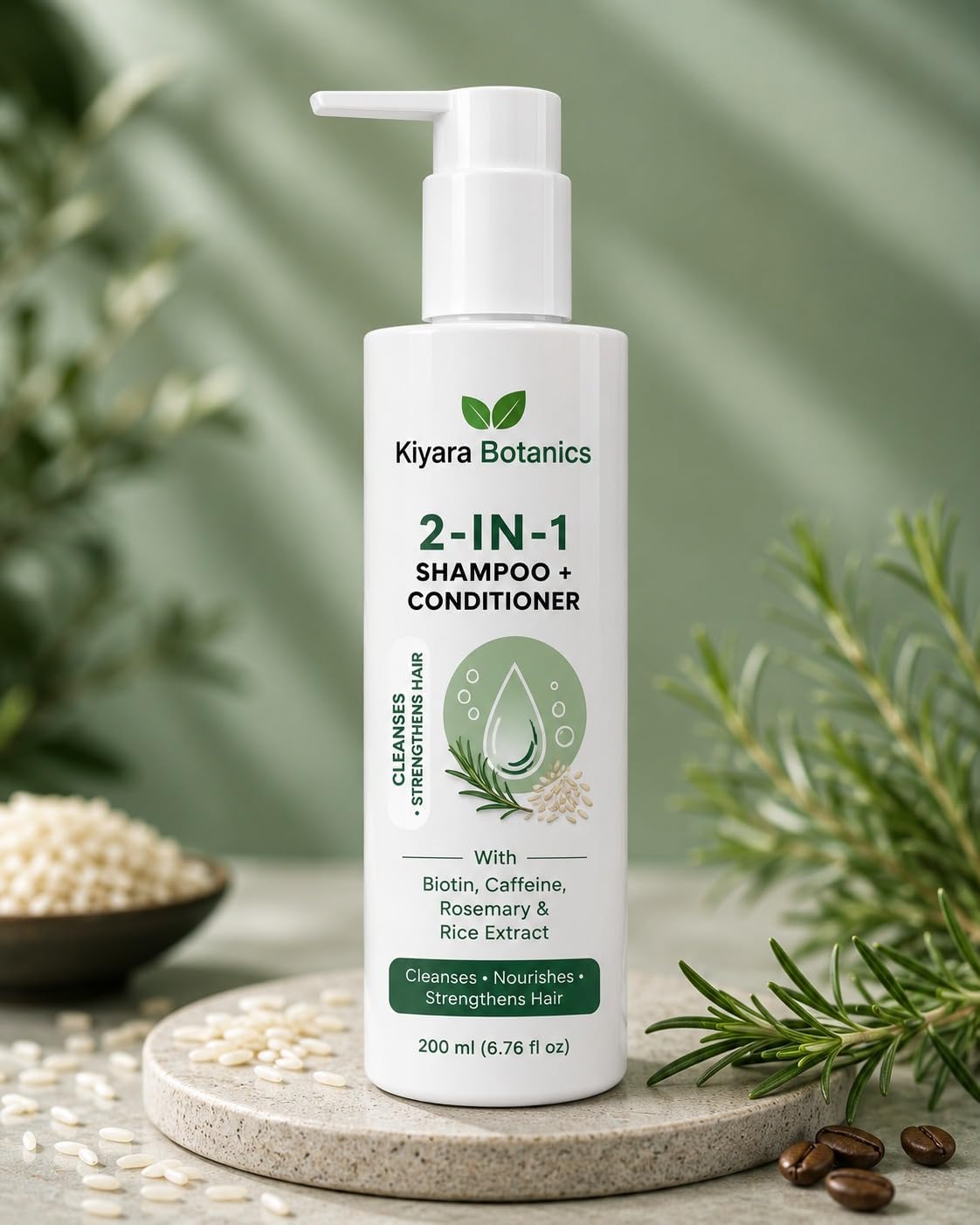 2-in-1 Shampoo & Conditioner with Biotin, Caffeine, Rosemary and Rice Extract, Daily Hair Cleansing & Nourishing Formula for Soft Smooth Looking Hair, 200 ml