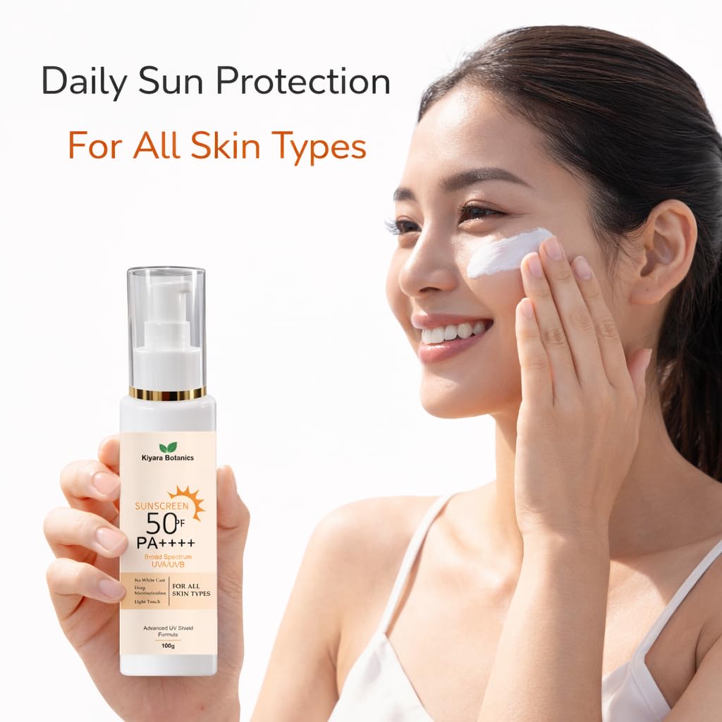 Kiyara Botanics Sunscreen SPF 50 PA++++ | Broad Spectrum UVA/UVB Protection | Lightweight Formula | No White Cast | Deep Moisturization | For All Skin Types | 100g