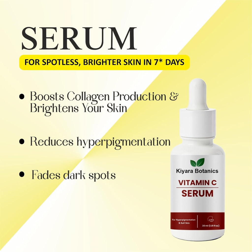 Kiyara Botanics Vitamin C Serum for Hyperpigmentation, Dark Spots and Dull Skin, Paraben Free Formula, Unscented, 30ml
