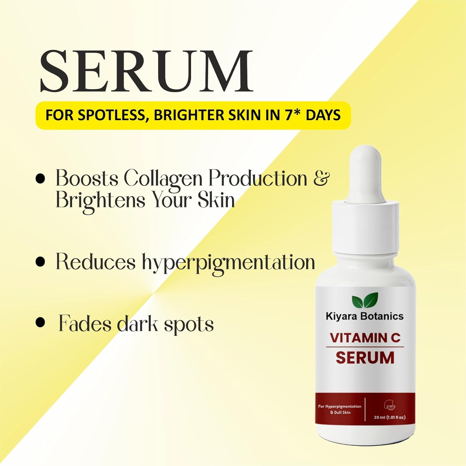 Kiyara Botanics Vitamin C Serum for Hyperpigmentation, Dark Spots and Dull Skin, Paraben Free Formula, Unscented, 30ml