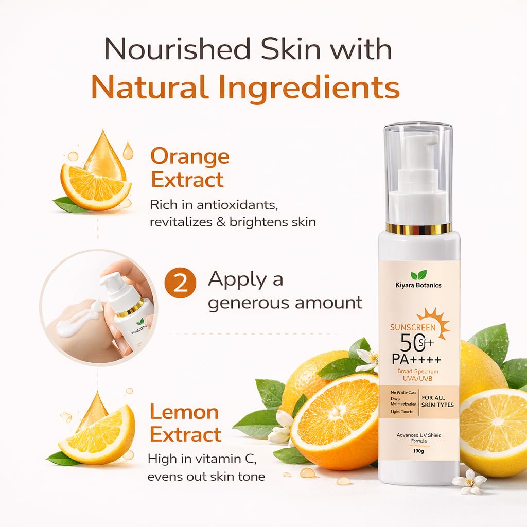 Kiyara Botanics Sunscreen SPF 50 PA++++ | Broad Spectrum UVA/UVB Protection | Lightweight Formula | No White Cast | Deep Moisturization | For All Skin Types | 100g