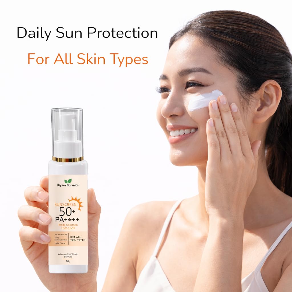 Kiyara Botanics Sunscreen SPF 50 PA++++ | Broad Spectrum UVA/UVB Protection | Lightweight Formula | No White Cast | Deep Moisturization | For All Skin Types | 50g