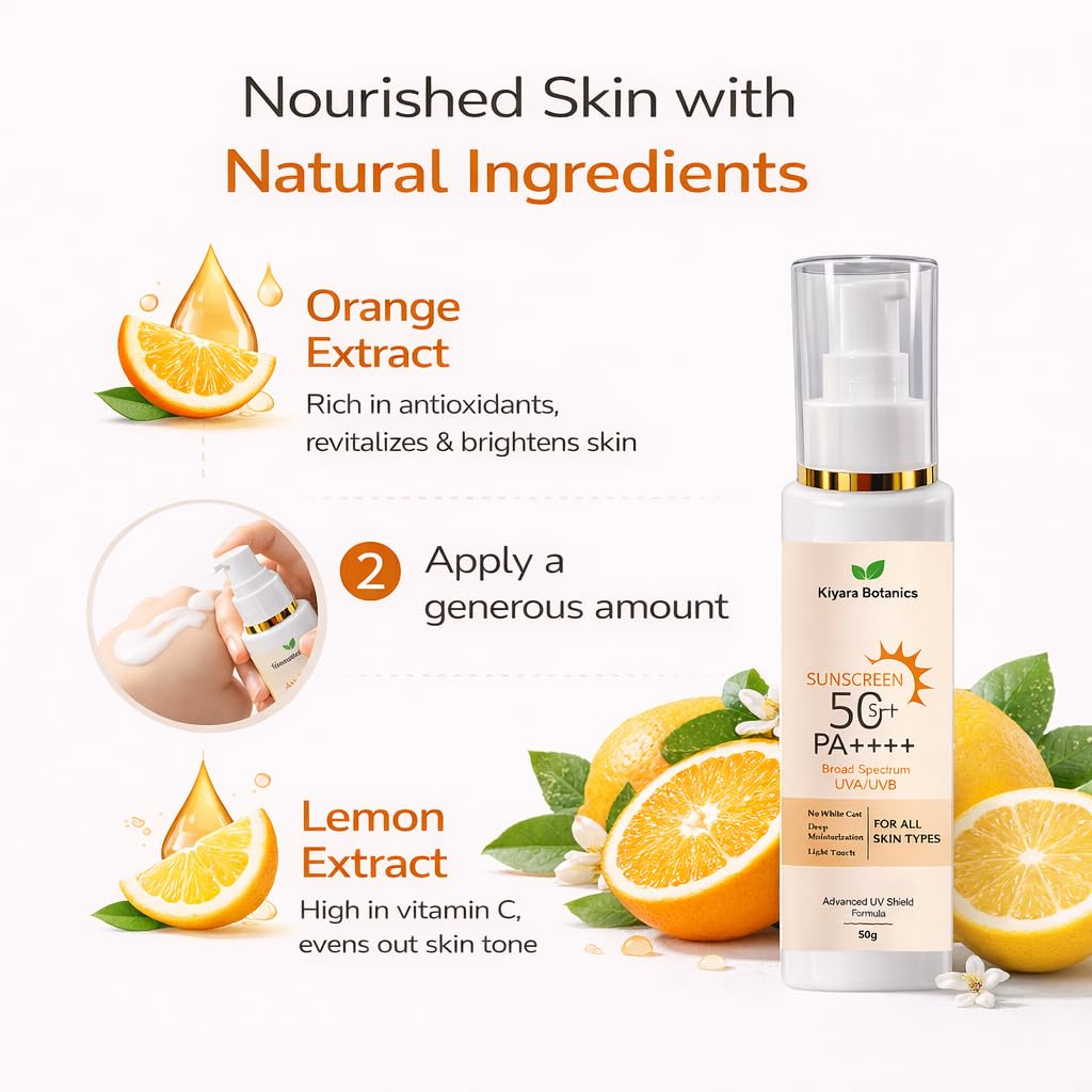 Kiyara Botanics Sunscreen SPF 50 PA++++ | Broad Spectrum UVA/UVB Protection | Lightweight Formula | No White Cast | Deep Moisturization | For All Skin Types | 50g