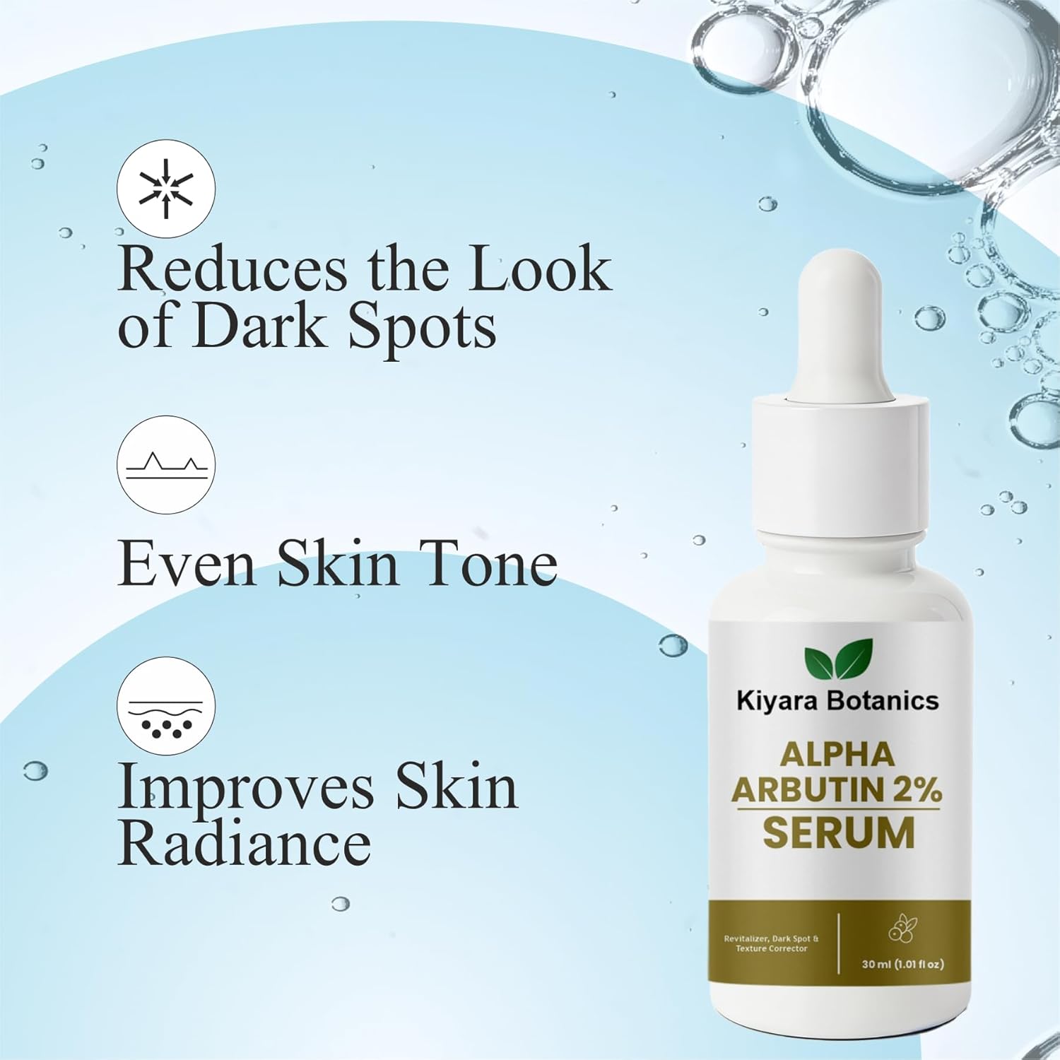 Kiyara Botanics Alpha Arbutin 2% Serum, Revitalizer Dark Spot and Texture Corrector, 30ml
