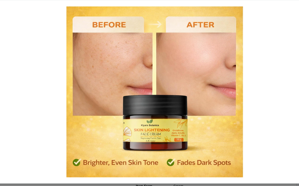 Kiyara Botanics Skin Lightening Face Cream with Glutathione, Alpha Arbutin, Vitamin C, B3 & E - Brightening Cream for Dark Spots, Pigmentation & Even Skin Tone (50g)