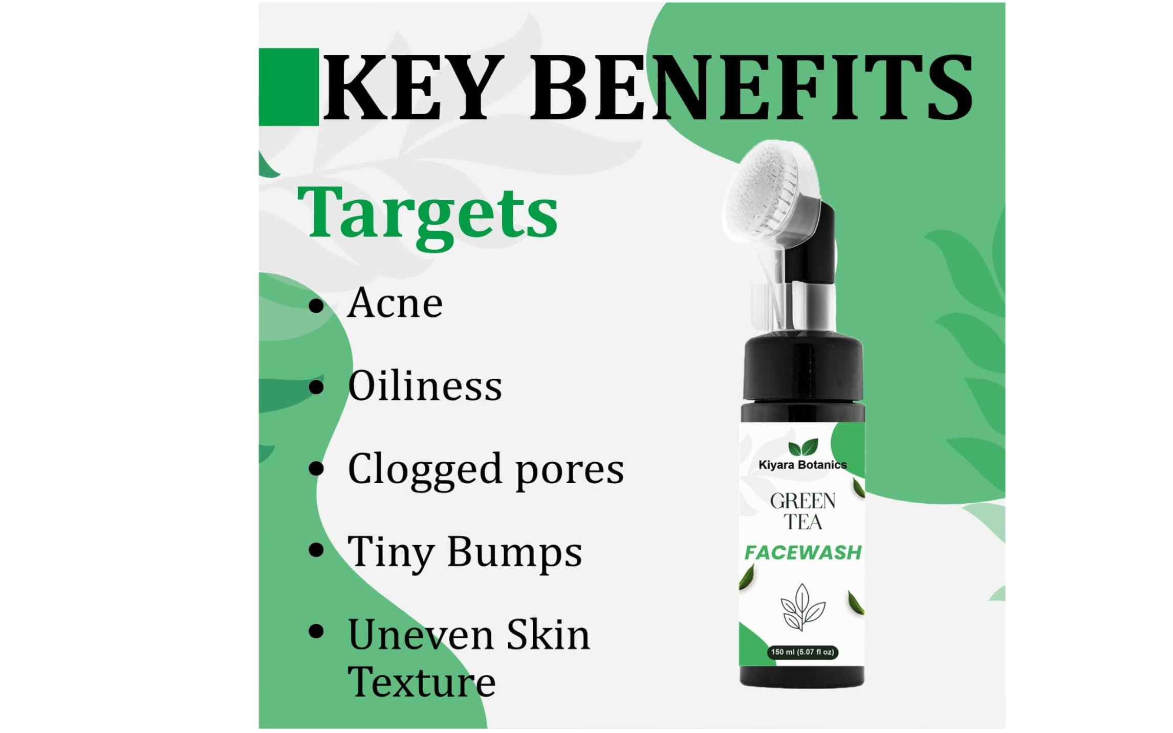 Kiyara Botanics Green Tea Face Wash with Deep Cleansing Brush - Refreshing Anti Acne Face Cleanser for Oily Skin, Removes Dirt, Oil & Impurities for Clear Skin (150ml)