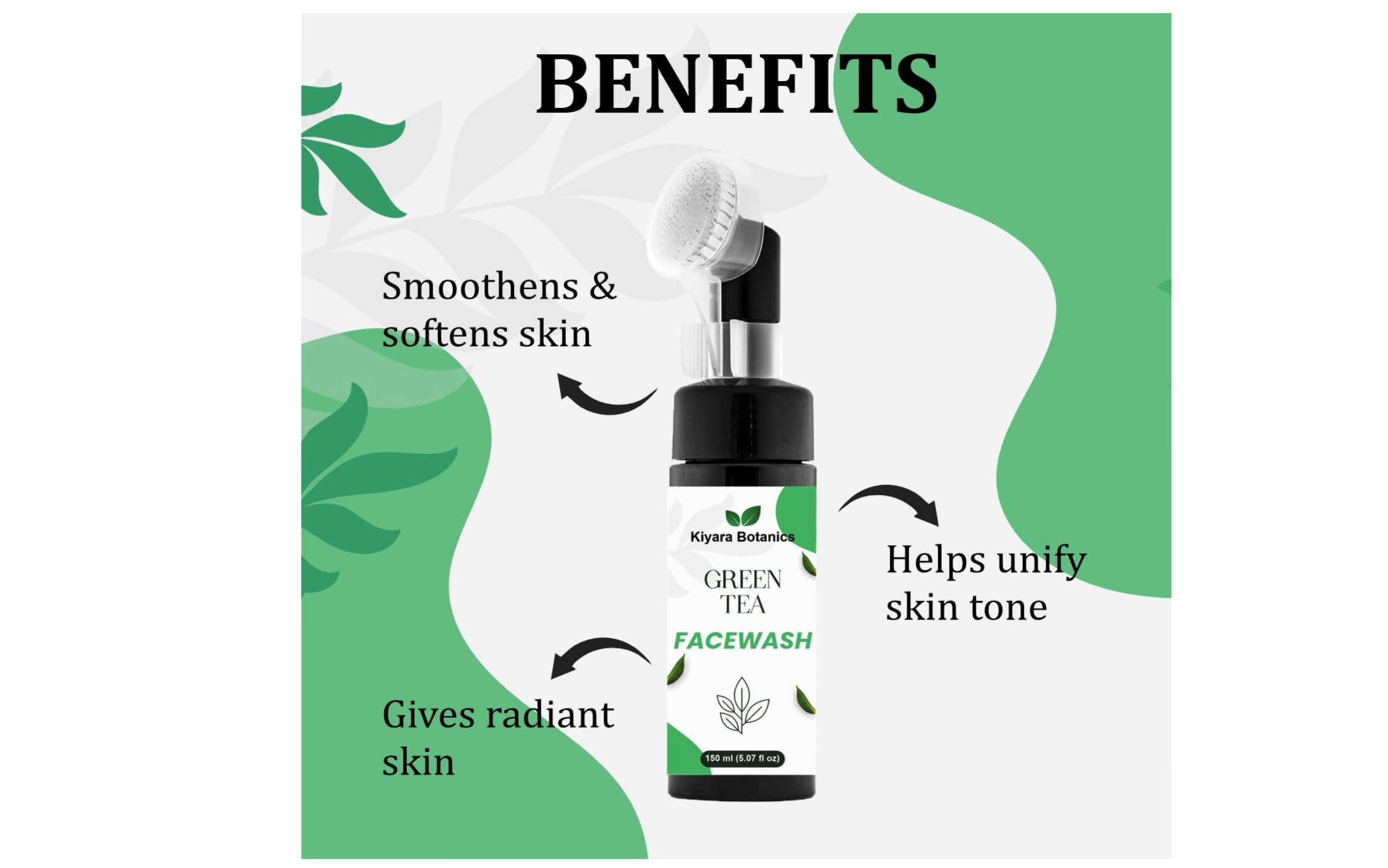 Kiyara Botanics Green Tea Face Wash with Deep Cleansing Brush - Refreshing Anti Acne Face Cleanser for Oily Skin, Removes Dirt, Oil & Impurities for Clear Skin (150ml)