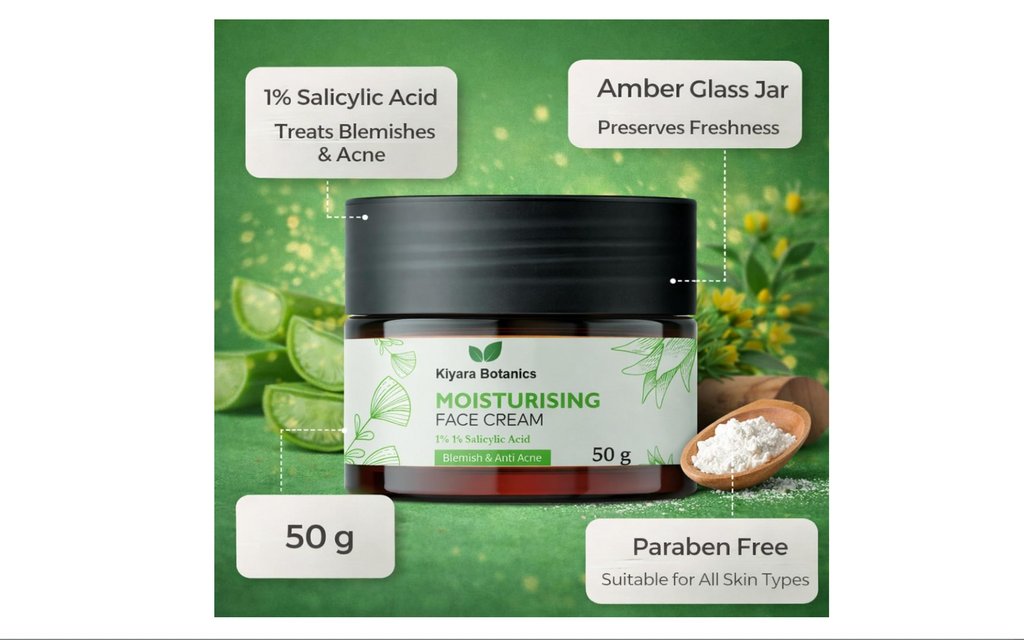 Kiyara Botanics Moisturising Face Cream with 1% Salicylic Acid for Acne & Blemish Control - Lightweight Hydrating Anti-Acne Cream for Clear, Smooth, Oil-Free Skin