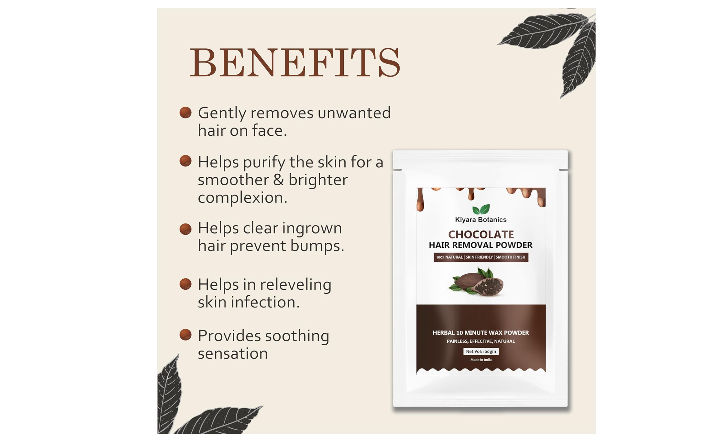 Kiyara Botanics Chocolate Hair Removal Powder, Herbal Wax, 100% Natural, All Skin Types, 100g