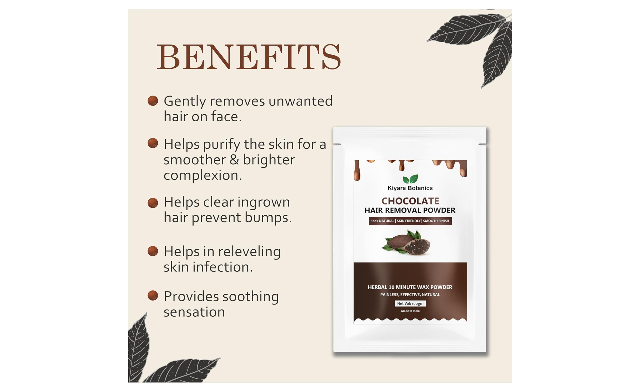 Kiyara Botanics Chocolate Hair Removal Powder, Herbal Wax, 100% Natural, All Skin Types, 100g