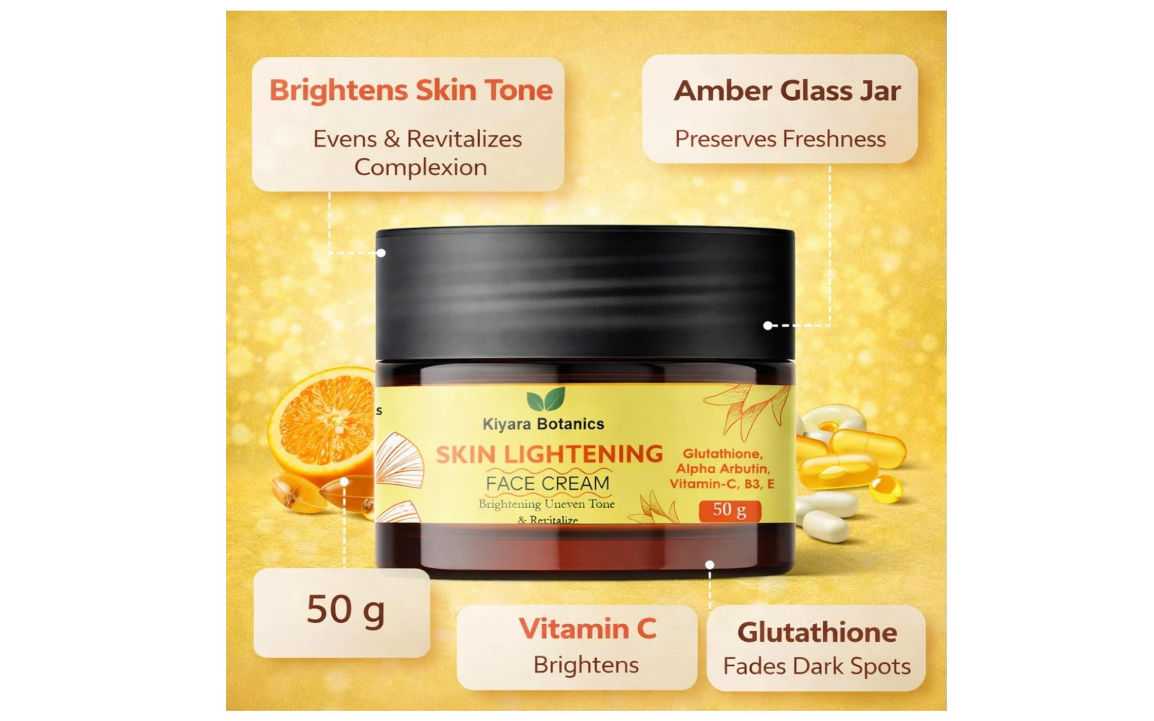 Kiyara Botanics Skin Lightening Face Cream with Glutathione, Alpha Arbutin, Vitamin C, B3 & E - Brightening Cream for Dark Spots, Pigmentation & Even Skin Tone (50g)