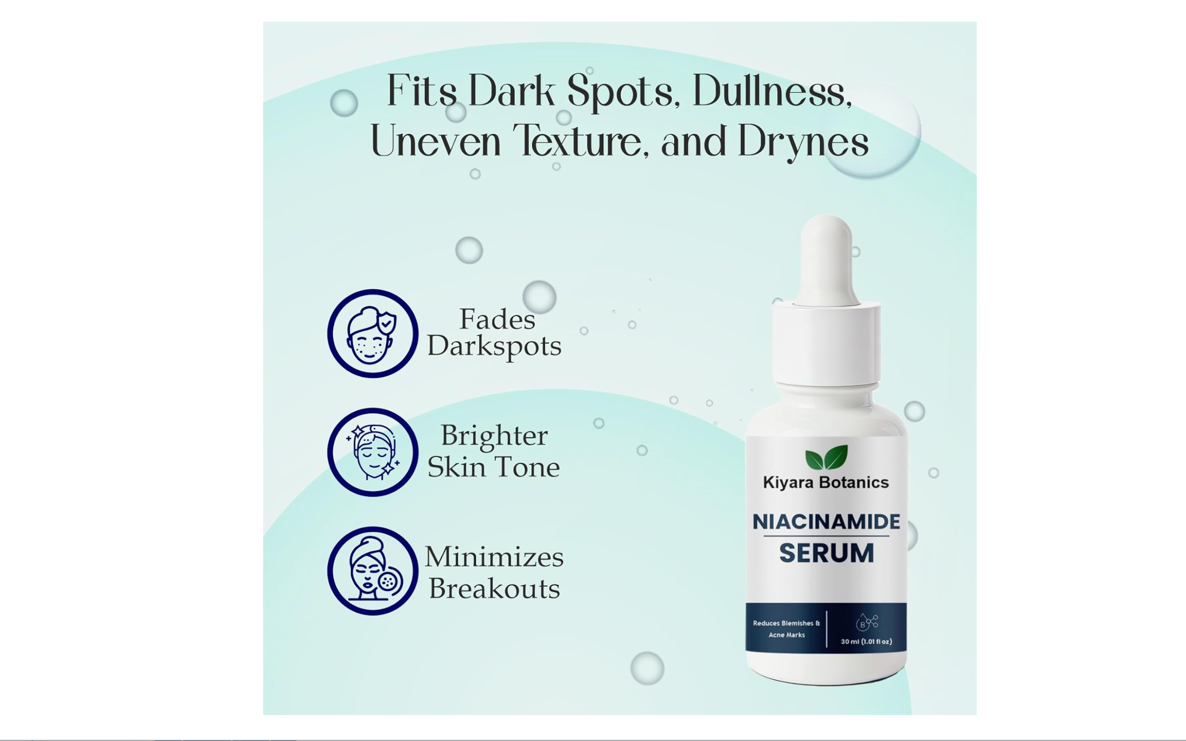 Kiyara Botanics Niacinamide Serum, 30ml, Natural Glow Formula, Minimizes Pores, Reduces Blemishes, Lightens Pigmentation, AM PM Use