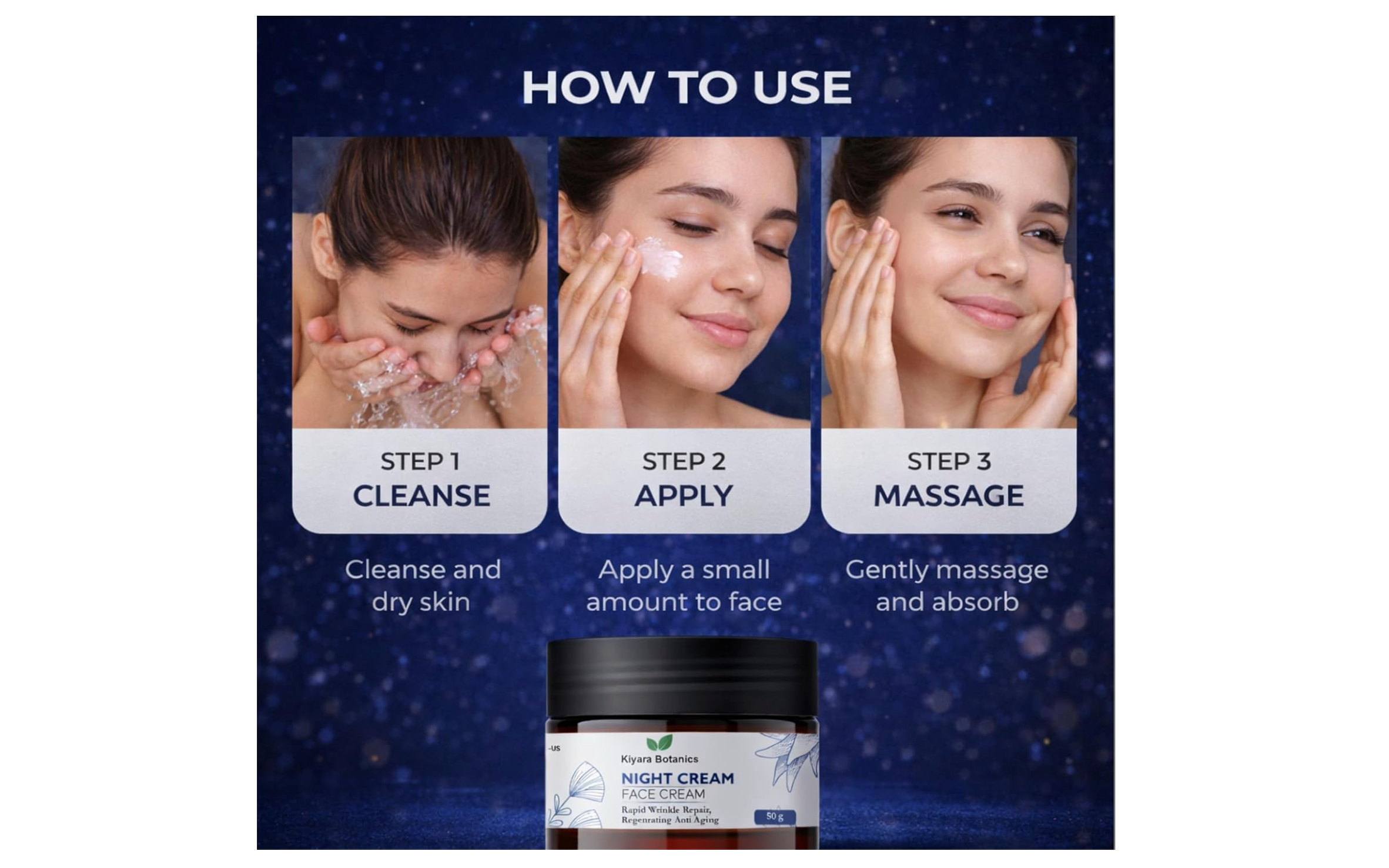 Kiyara Botanics Night Cream for Face - Anti Aging & Wrinkle Repair Cream - Deep Hydrating Overnight Moisturizer for Skin Regeneration, Smooth, Firm & Youthful Glow (50g)