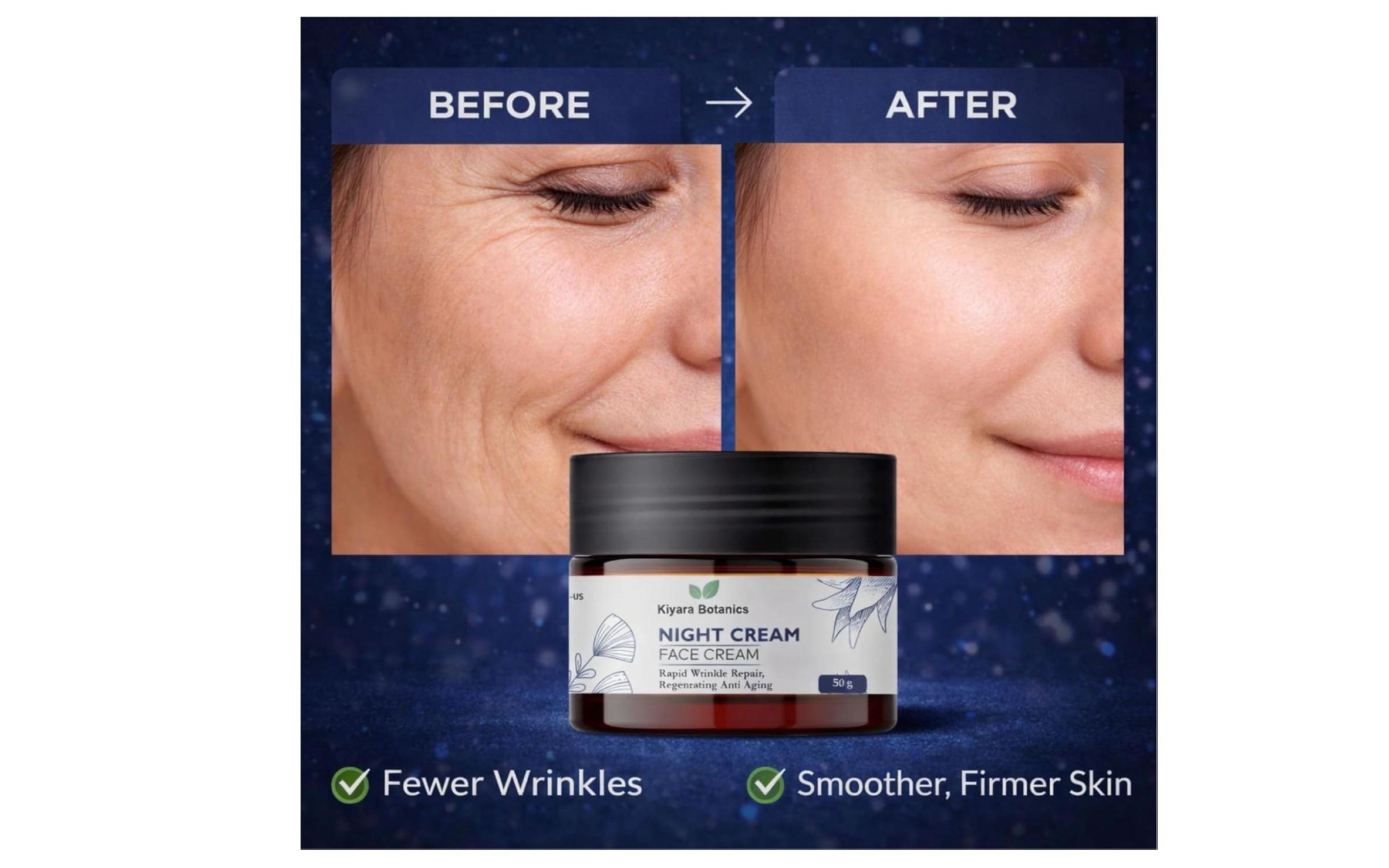Kiyara Botanics Night Cream for Face - Anti Aging & Wrinkle Repair Cream - Deep Hydrating Overnight Moisturizer for Skin Regeneration, Smooth, Firm & Youthful Glow (50g)