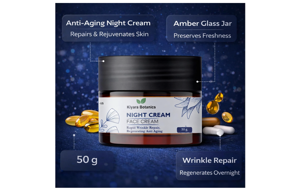 Kiyara Botanics Night Cream for Face - Anti Aging & Wrinkle Repair Cream - Deep Hydrating Overnight Moisturizer for Skin Regeneration, Smooth, Firm & Youthful Glow (50g)