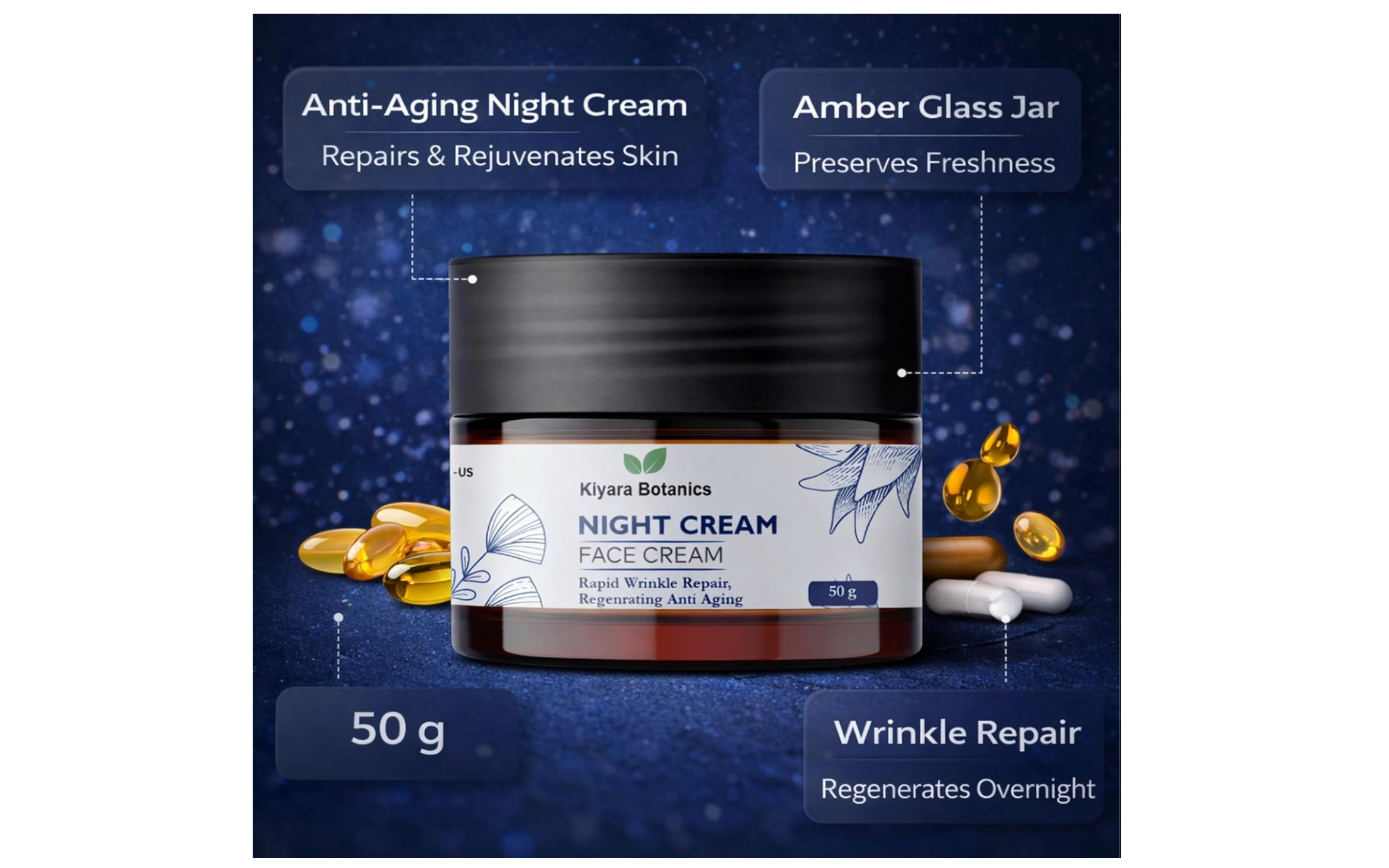 Kiyara Botanics Night Cream for Face - Anti Aging & Wrinkle Repair Cream - Deep Hydrating Overnight Moisturizer for Skin Regeneration, Smooth, Firm & Youthful Glow (50g)