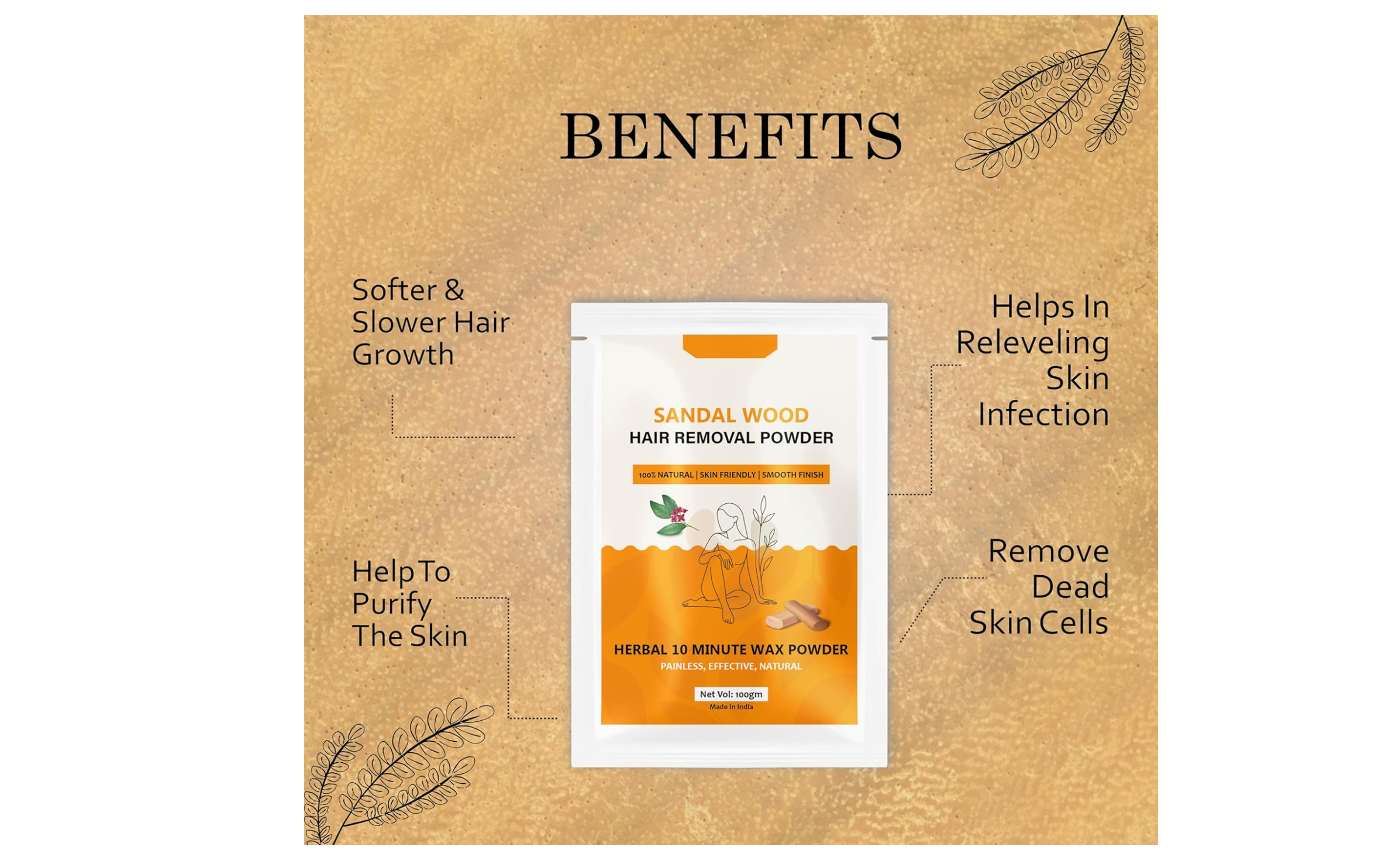 Kiyara Botanics Sandalwood Herbal Wax Powder, 100% Natural, Skin Friendly, Painless Hair Removal, 100g