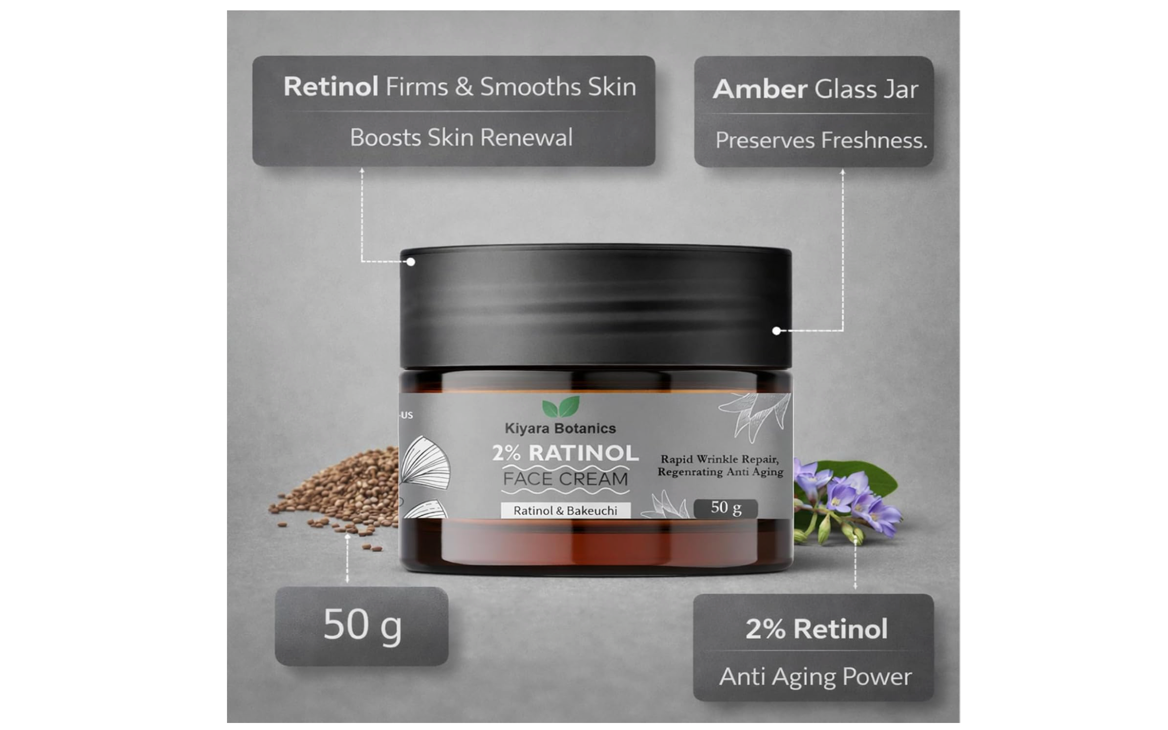 Kiyara Botanics 2% Retinol Face Cream with Bakuchiol - Anti Aging Night Cream for Wrinkle Repair, Fine Lines, Skin Renewal & Firming - Smooth, Youthful & Glowing Skin (50g)