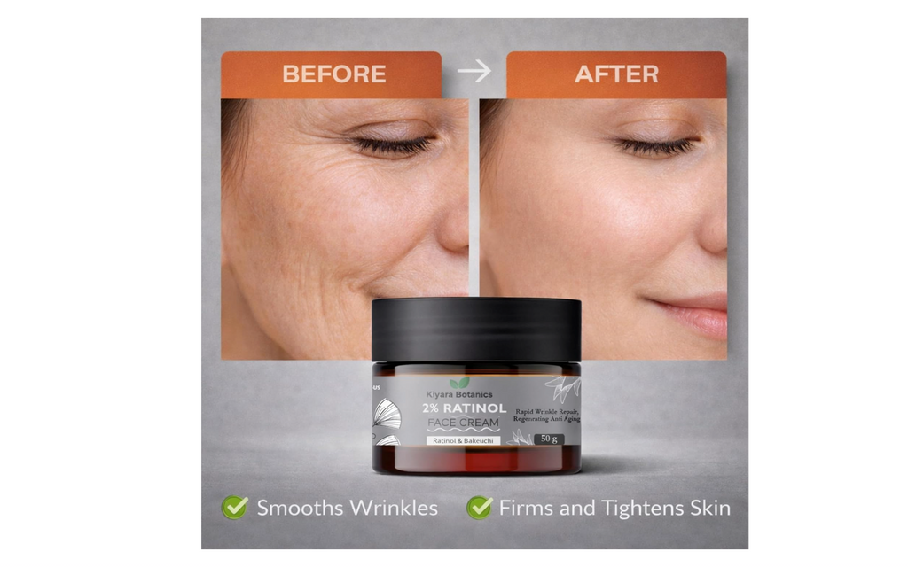 Kiyara Botanics 2% Retinol Face Cream with Bakuchiol - Anti Aging Night Cream for Wrinkle Repair, Fine Lines, Skin Renewal & Firming - Smooth, Youthful & Glowing Skin (50g)